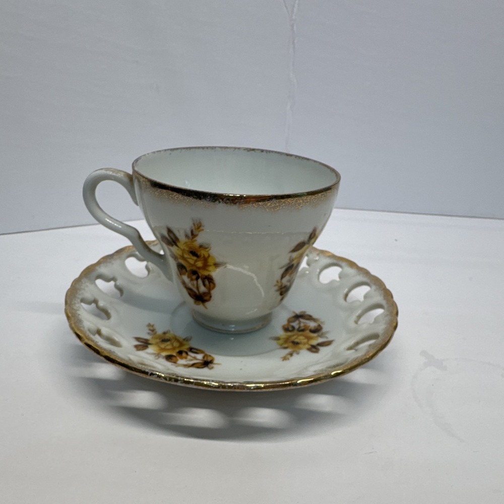 Item Vintage White Porcelain Floral Coffee Cup & Pierced Saucer Set 30ml